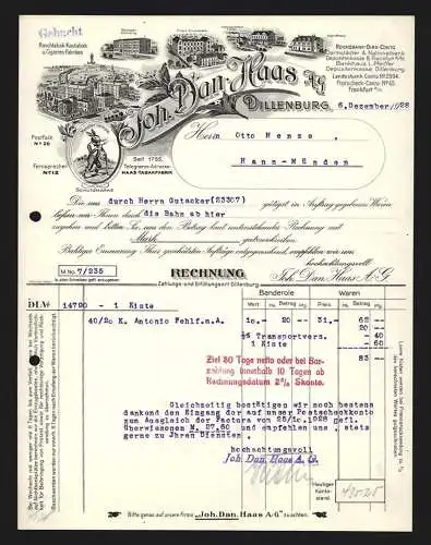 Rechnung Dillenburg 1928, Joh. Dan. Haas AG, Tabak-Fabrikate, Ansicht von fünf Geschäftsstellen, Schutzmarke