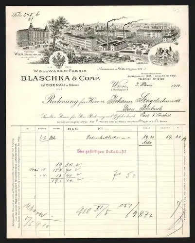 Rechnung Wien 1910, Blaschka & Comp., Wollwaren-Fabrik, Niederlagen in Wien, Prag und Liebenau