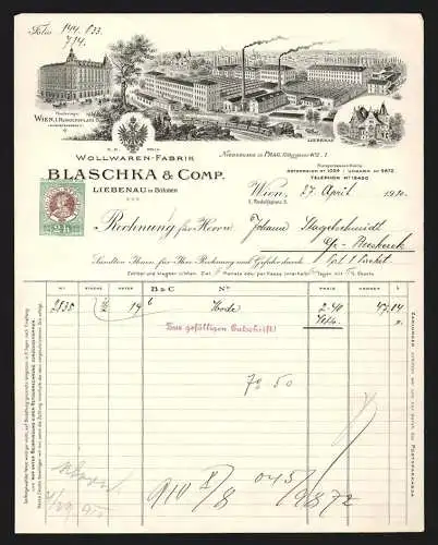Rechnung Wien 1910, Blaschka & Comp., Wollwaren-Fabrik, Betriebsstellen in Wien, Prag und Liebenau