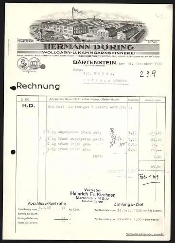Rechnung Bartenstein /Ostpreussen 1938, Hermann Döring, Garnspinnerei, Betriebsanlage aus der Vogelschau