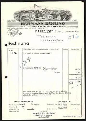 Rechnung Bartenstein /Ostpreussen 1938, Hermann Döring, Garnspinnerei, Fabrikanlage aus der Vogelschau