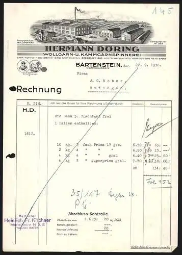 Rechnung Bartenstein /Ostpreussen 1938, Hermann Döring, Garnspinnerei, Werksgelände aus der Vogelschau