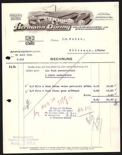 Rechnung Bartenstein /Ostpr. 1930, Hermann Döring, Wollgarnspinnerei & Strickwarenfabrik, Werkansicht, Schutzmarke