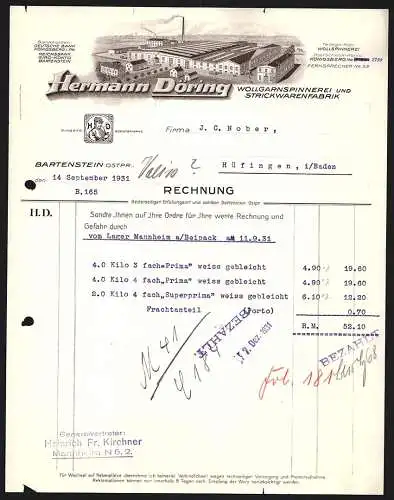 Rechnung Bartenstein /Ostpr. 1931, Hermann Döring, Wollgarnspinnerei & Strickwarenfabrik, Werkansicht, Schutzmarke