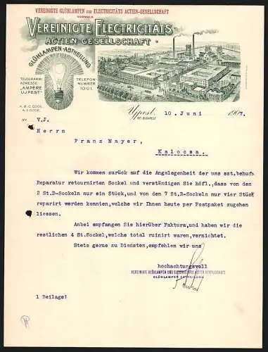 Rechnung Ujpest bei Budapest 1907, Vereinigte Electricitäts AG, Glühlampen-Abteilung, Werksgelände mit Gleisanlage