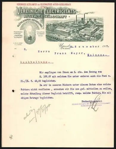 Rechnung Ujpest bei Budapest 1907, Vereinigte Electricitäts AG, Glühlampen-Abteilung, Fabrikgelände mit Gleisanlage