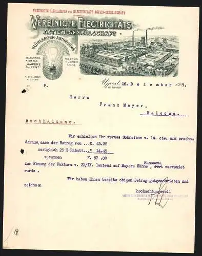 Rechnung Ujpest bei Budapest 1907, Vereinigte Electricitäts AG, Glühlampen-Abteilung, Die Fabrik mit Gleisanlage