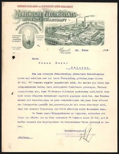 Rechnung Ujpest bei Budapest 1908, Vereinigte Electricitäts AG, Glühlampen-Abteilung, Werksgelände mit Gleisanlage