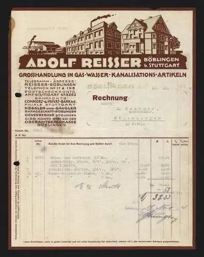 Rechnung Böblingen 1924, Adolf Reisser, Grosshandlung in Glas-, Wasser- & Kanalisationsartikeln, Betriebsansicht