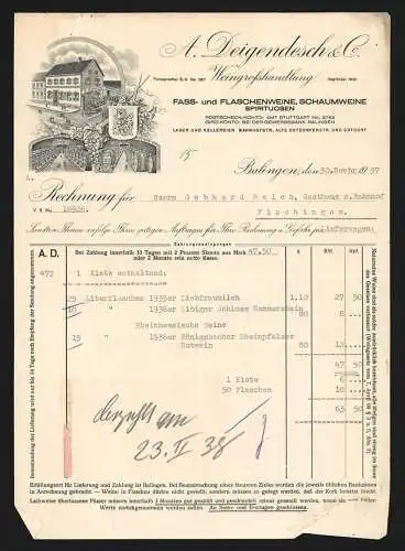 Rechnung Balingen 1937, A. Deigendesch & Co., Weingrosshandlung, Geschäftsstellle und Lagerkeller