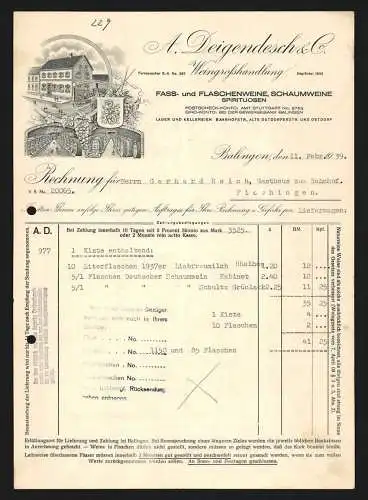 Rechnung Balingen 1939, A. Deigendesch & Co., Weingrosshandlung, Geschäftsstellle und Weinkeller