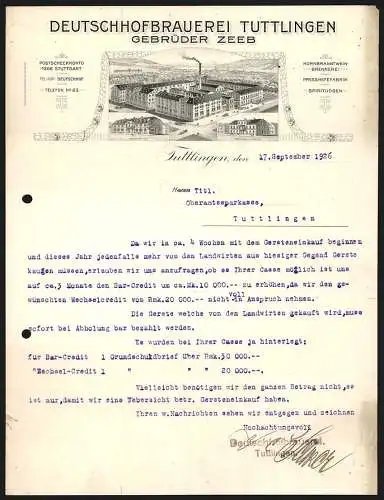 Rechnung Tuttlingen 1926, Gebrüder Zeeb, Deutschhofbrauerei Tuttlingen, Brauwerk, Badischer Hof, Gasthaus zum Falken