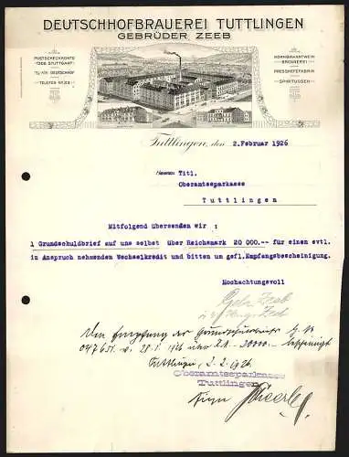 Rechnung Tuttlingen 1926, Gebrüder Zeeb, Deutschhofbrauerei Tuttlingen, Braubetrieb, Badischer Hof, Gasthaus zum Falken