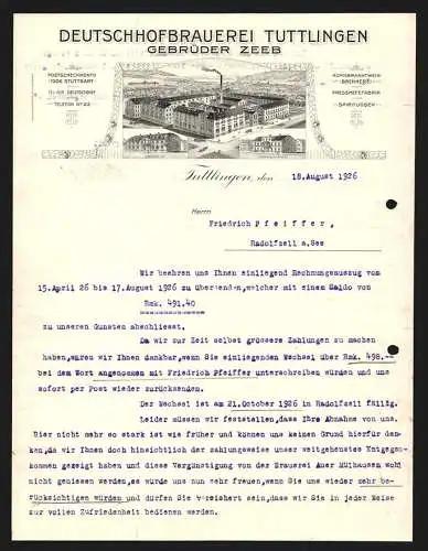Rechnung Tuttlingen 1926, Gebrüder Zeeb, Deutschhofbrauerei Tuttlingen, Brauerei, Badischer Hof, Gasthaus zum Falken
