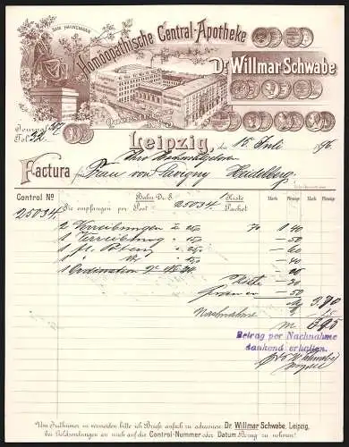 Rechnung Leipzig 1896, Dr. Willmar Schwabe, Homöopathische Central-Apotheke, Betriebsstelle, Hahnemann-Denkmal, Preise