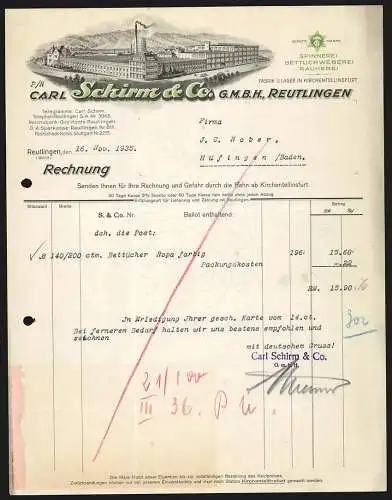 Rechnung Reutlingen 1935, Carl Schirm & Co. GmbH, Textil-Fabrikation, Eckansicht des Werkskomplexes