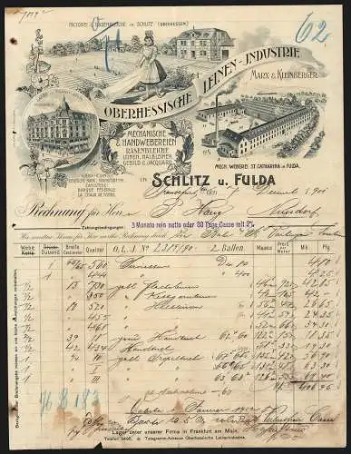 Rechnung Frankfurt 1901, Oberhessische Leinen-Industrie, Betriebe in Schlitz, Frankfurt und Fulda