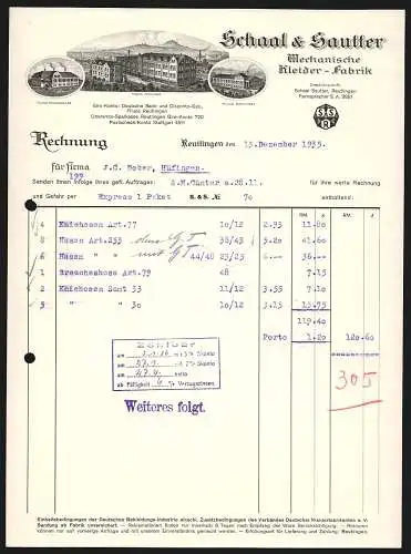 Rechnung Reutlingen 1935, Schaal & Sautter, Mechanische Kleider-Fabrik, Hauptwerk und Filialen Hinterweiler & Gönningen