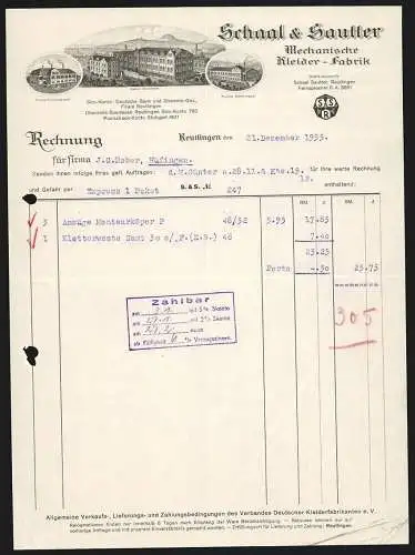 Rechnung Reutlingen 1935, Schaal & Sautter, Mechanische Kleider-Fabrik, Hauptwerk und Werke Hinterweiler & Gönningen