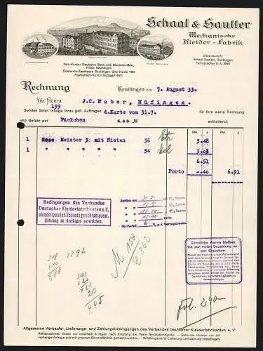 Rechnung Reutlingen 1933, Schaal & Sautter, Mechanische Kleider-Fabrik, Hauptwerk und Filialen Hinterweiler & Gönningen
