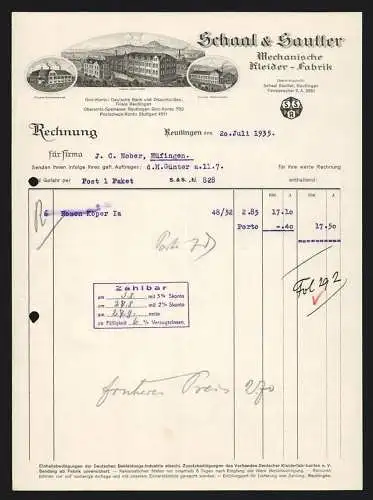 Rechnung Reutlingen 1935, Schaal & Sautter, Mechanische Kleider-Fabrik, Hauptwerk und zwei Zweigstellen