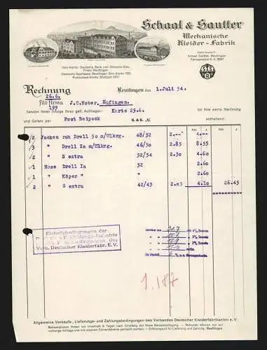 Rechnung Reutlingen 1934, Schaal & Sautter, Mechanische Kleider-Fabrik, Hauptwerk und Filialen Hinterweiler & Gönningen