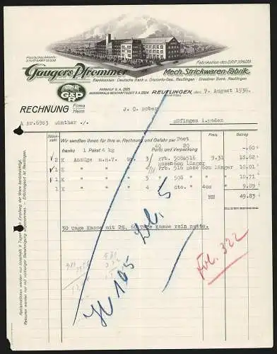 Rechnung Reutlingen 1936, Gauger & Pfrommer, Mech. Strickwaren-Fabrik, Betriebsgelände an einer Strassenecke