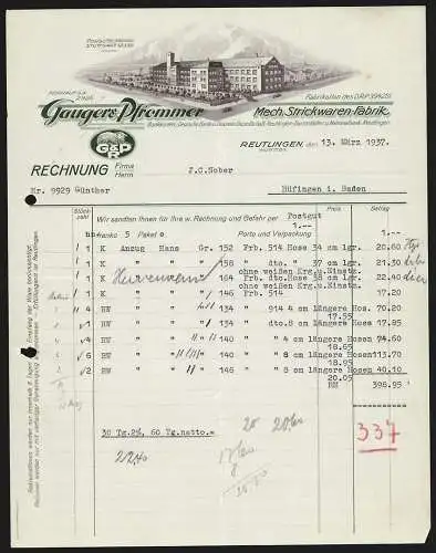 Rechnung Reutlingen 1937, Gauger & Pfrommer, Mech. Strickwaren-Fabrik, Betriebsgelände an einer Strassenecke
