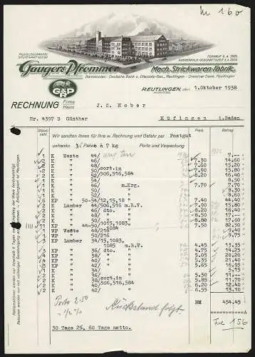 Rechnung Reutlingen 1938, Gauger & Pfrommer, Mech. Strickwaren-Fabrik, Betriebsgelände an einer Strassenecke