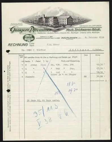 Rechnung Reutlingen 1938, Gauger & Pfrommer, Mech. Strickwaren-Fabrik, Fabrikgelände an einer Strassenecke