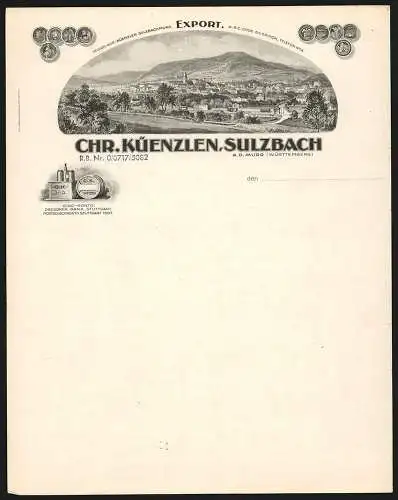 Rechnung Sulzbach a. d. Murr, Firma Chr. Küenzlen, Ortsansicht über Bahntrassen, Transportcontainer, Preis-Medaillen