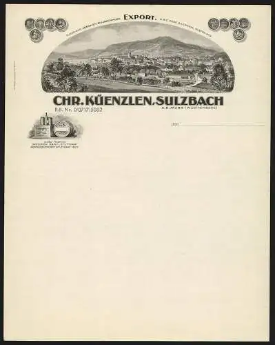 Rechnung Sulzbach a. d. Murr, Firma Chr. Küenzlen, Ortsansicht über Bahngleise, Transportcontainer, Preis-Medaillen