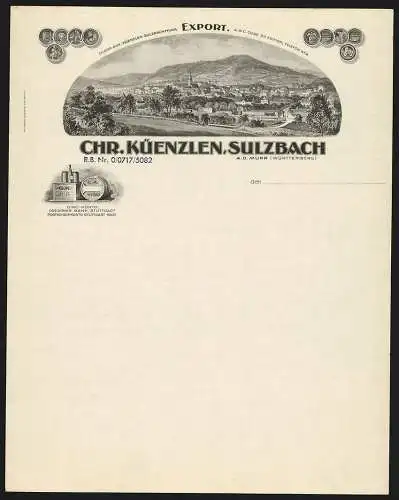 Rechnung Sulzbach a. d. Murr, Firma Chr. Küenzlen, Ortsansicht über Bahntrassen, Preis-Medaillen, Transportcontainer