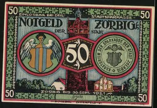 Notgeld Zörbig 1921, 50 Pfennig, Turm, Wappen, Bewaffnete Bürger