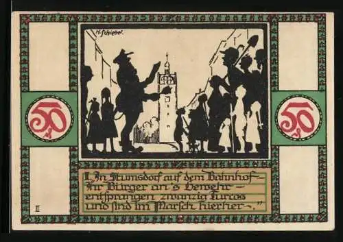 Notgeld Zörbig 1921, 50 Pfennig, Turm, Wappen, Bewaffnete Bürger auf dem Stumsdorfer Bahnhof