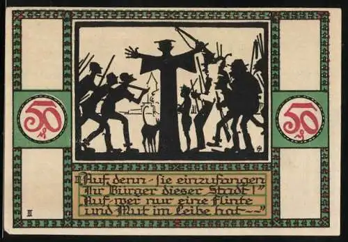Notgeld Zörbig 1921, 50 Pfennig, Turm, Wappen, Auf denn..., Bewaffnete Bürger