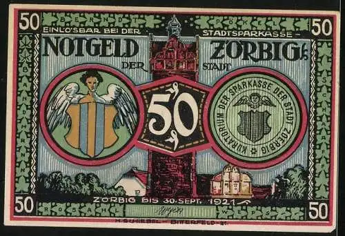 Notgeld Zörbig 1921, 50 Pfennig, Turm, Wappen, Auf denn..., Bewaffnete Bürger