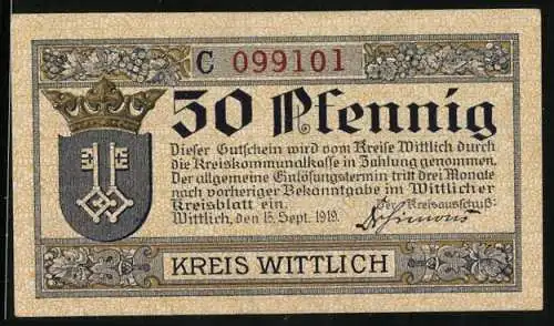 Notgeld Kreis Wittlich 1919, 50 Pfennig, Wappen, Wein, Burgen von Manderscheid