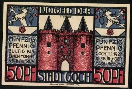 Notgeld Goch 1922, 50 Pfennig, Wappen, Steintor, Schmuggler und Zöllner