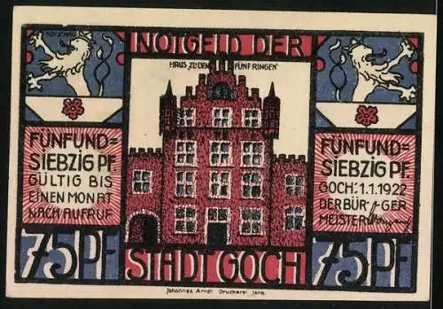 Notgeld Goch 1922, 75 Pfennig, Wappen, Haus zu den fünf Ringen, Holländer an der Grenze