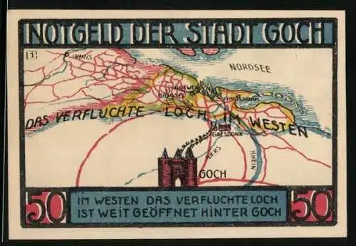 Notgeld Goch 1922, 50 Pfennig, Wappen, Steintor, Landkarte