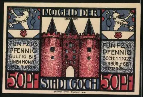 Notgeld Goch 1922, 50 Pfennig, Wappen, Steintor, Landkarte