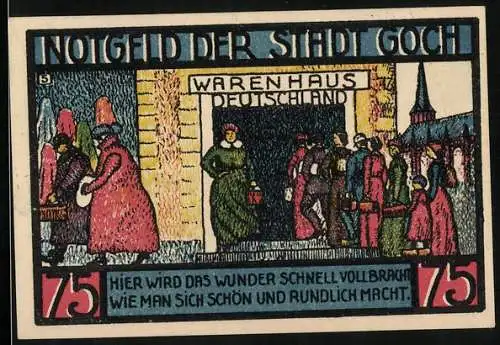 Notgeld Goch 1922, 75 Pfennig, Wappen, Haus zu den fünf Ringen, Warenhaus Deutschland