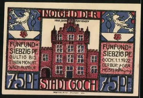 Notgeld Goch 1922, 75 Pfennig, Wappen, Haus zu den fünf Ringen, Zollkontrolle