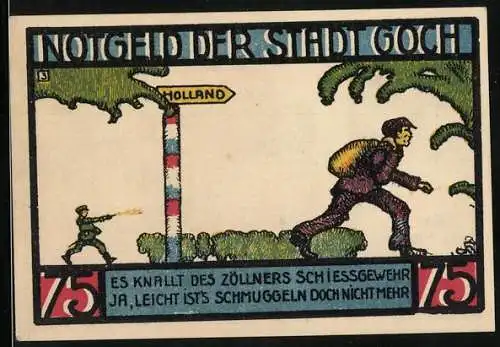 Notgeld Goch 1922, 75 Pfennig, Wappen, Haus zu den fünf Ringen, Flüchtender Schmuggler