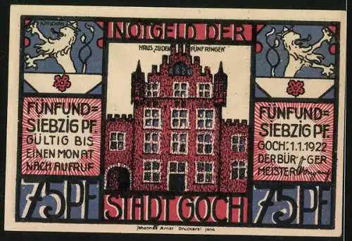 Notgeld Goch 1922, 75 Pfennig, Wappen, Haus zu den fünf Ringen, Flüchtender Schmuggler