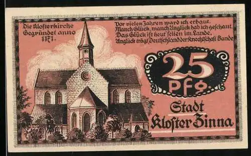 Notgeld Kloster Zinna 1921, 25 Pfennig, Wappen, Klosterkirche