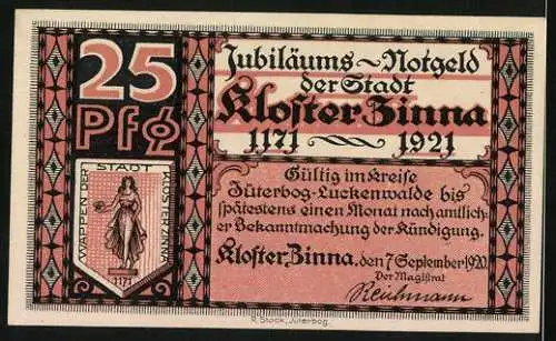 Notgeld Kloster Zinna 1921, 25 Pfennig, Wappen, Klosterkirche