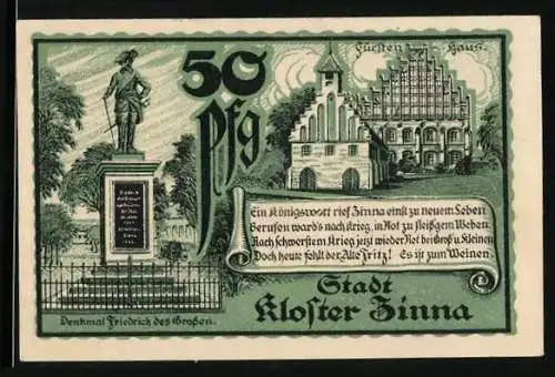 Notgeld Kloster Zinna 1920, 50 Pfennig, Wappen, Fürstenhaus, Denkmal Friedrich II.