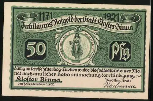 Notgeld Kloster Zinna 1920, 50 Pfennig, Wappen, Fürstenhaus, Denkmal Friedrich II.